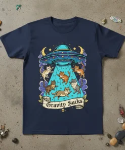 T-shirt design featuring a UFO abducting cats with the text "Gravity Sucks" on a banner, cute cartoon style