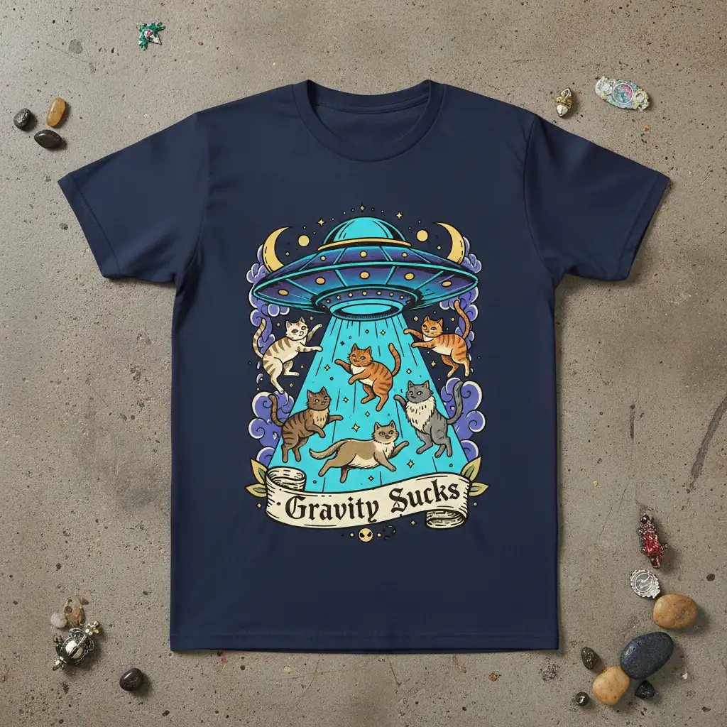 Gravity Sucks text on banner with cats being abducted by a UFO in a whimsical graphic tee design
