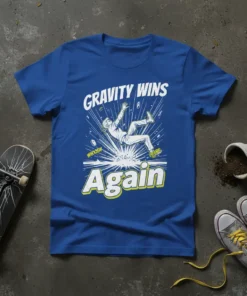 Gravity Wins Again funny t-shirt design featuring a skater falling with "WHOOSH!" and "Again" text