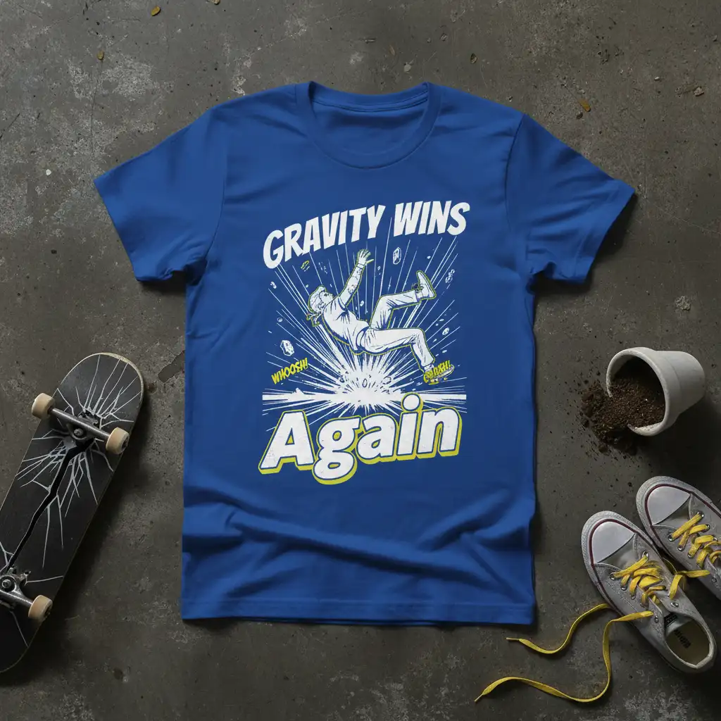 Gravity Wins Again funny skater t-shirt design with comic-style falling character and text