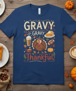 Gravy Gravy Thankful Thanksgiving t-shirt design with a cartoon turkey, pie, coffee, and football