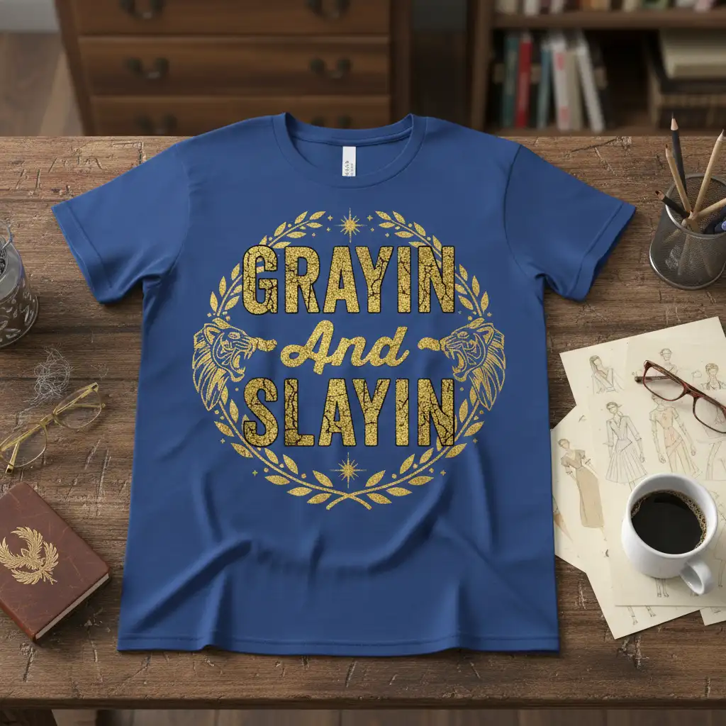 Grayin And Slayin quote design with distressed gold font and lion head emblems on a blue t-shirt