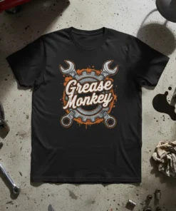 Grease Monkey T-Shirt with gear graphic and wrenches, suitable for mechanics and auto repair enthusiasts