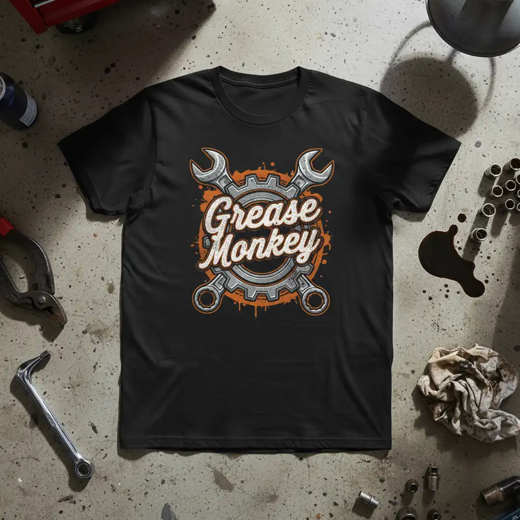 Grease Monkey T-Shirt design featuring a gear and crossed wrenches, ideal for mechanics and auto lovers