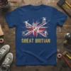 Great Britian text with Union Jack flag and skateboarders graphic on a blue t-shirt