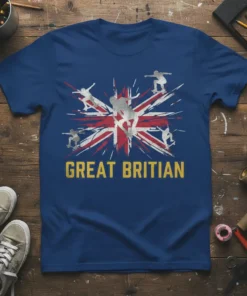 Great Britian text with Union Jack flag and skateboarders graphic on a blue t-shirt