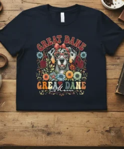 Great Dane Mom t-shirt design with three Great Danes, flowers, and retro typography