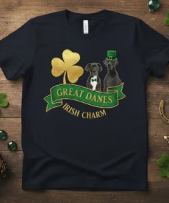 Great Danes Irish Charm t-shirt design with two Great Danes, a shamrock, and a festive ribbon