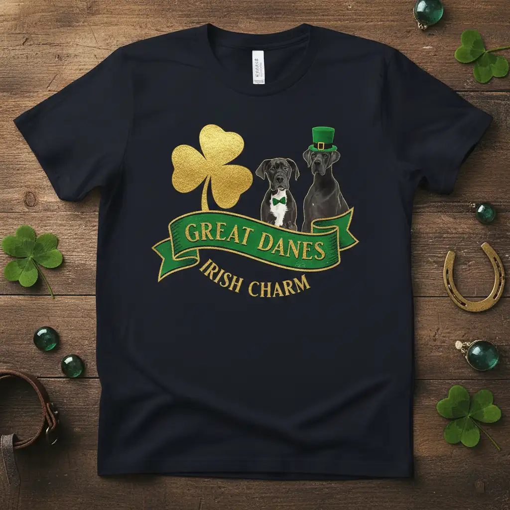 Great Danes Irish Charm St. Patrick's Day t-shirt design featuring two dogs and shamrock