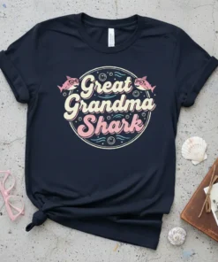 Great Grandma Shark text design on a navy t-shirt with cartoon shark graphics and bubbles