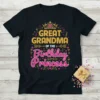 Great Grandma of the Birthday Princess text with a gold crown and pink floral accents on a black t-shirt