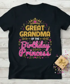 Great Grandma of the Birthday Princess text with a gold crown and pink floral accents on a black t-shirt