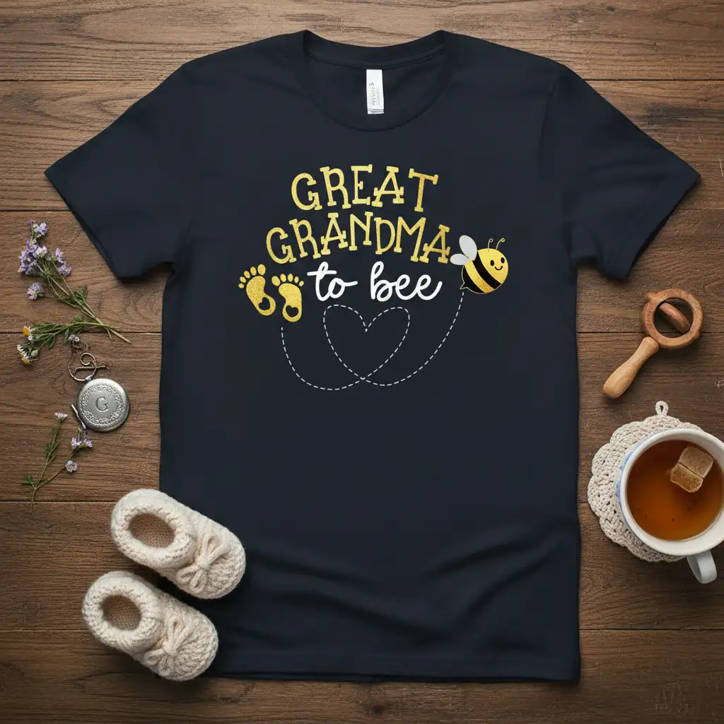 Great Grandma to bee text with baby footprints and a bee graphic on a dark navy t-shirt