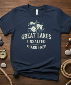 Great Lakes Unsalted Shark Free t-shirt with map and compass graphic in vintage style