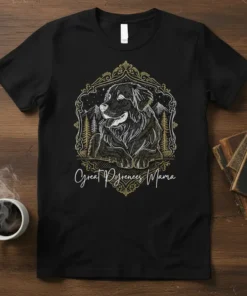 Great Pyrenees Mama text with a detailed illustration of a Great Pyrenees dog inside an ornate frame on a black