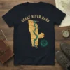 Great River Road map t-shirt design showing the route through multiple states with city names and a circular logo