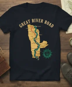 Great River Road map t-shirt design showing the route through multiple states with city names and a circular logo