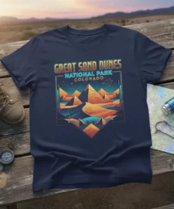 Great Sand Dunes National Park Colorado text with stylized desert landscape graphic on navy t-shirt