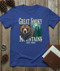 Great Smoky Mountains Est. 1934 t-shirt design featuring a realistic bear head and pine trees