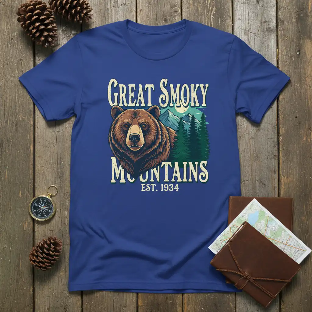 Great Smoky Mountains Est. 1934 text with a bear and pine trees graphic on a blue t-shirt