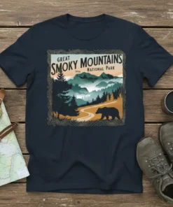 Great Smoky Mountains National Park t-shirt design with a bear on a winding path and layered mountains