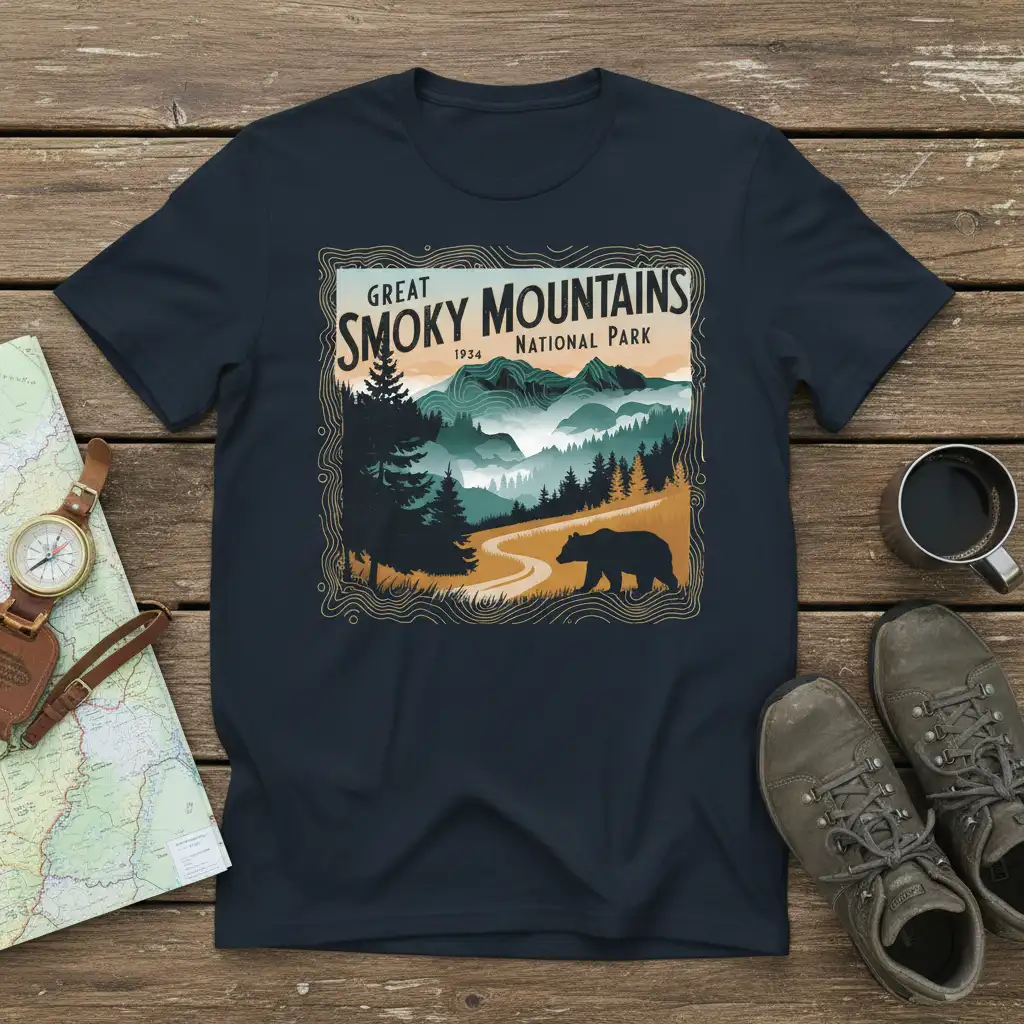 Great Smoky Mountains National Park graphic tee with bear and scenic mountain layers