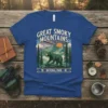 Great Smoky Mountains National Park TN NC t-shirt design featuring a bear on a rock with mountains and sun graphic