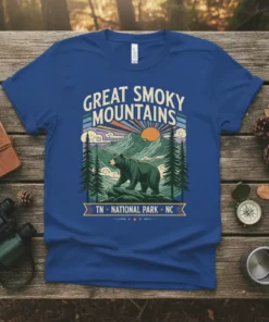 Great Smoky Mountains National Park TN NC t-shirt design featuring a bear on a rock with mountains and sun graphic