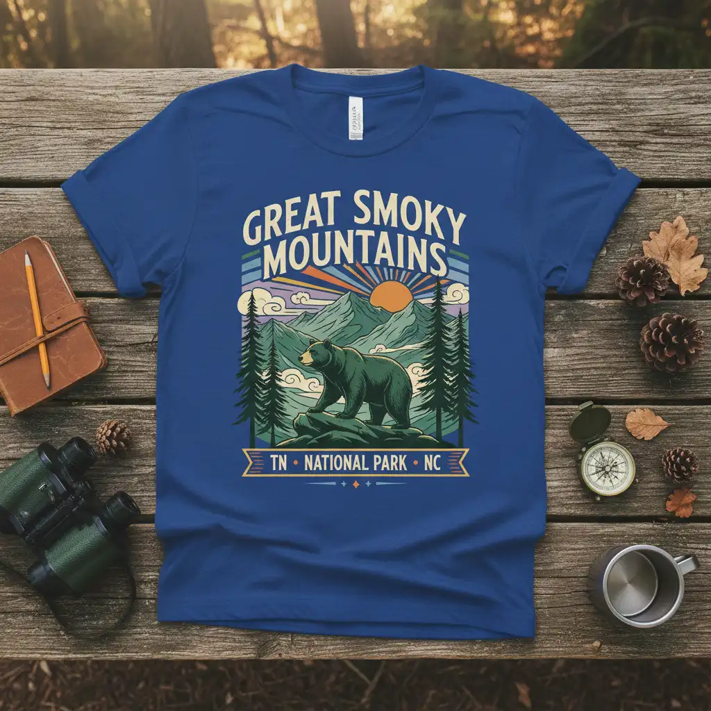 Great Smoky Mountains National Park TN NC bear graphic tee with vintage sunset and mountain landscape