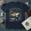 Great White Shark CARCHARODON CARCHARIAS anatomy illustration on a navy t-shirt, showing fins, teeth, and scientific labels