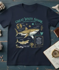 Great White Shark CARCHARODON CARCHARIAS anatomy illustration on a navy t-shirt, showing fins, teeth, and scientific labels