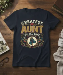 Greatest Aunt Of All Time text with a Doberman dog head graphic, surrounded by birds and floral elements on a