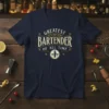 Greatest Bartender Of All Time quote t-shirt with cocktail shaker and glasses graphic