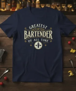 Greatest Bartender Of All Time quote t-shirt with cocktail shaker and glasses graphic