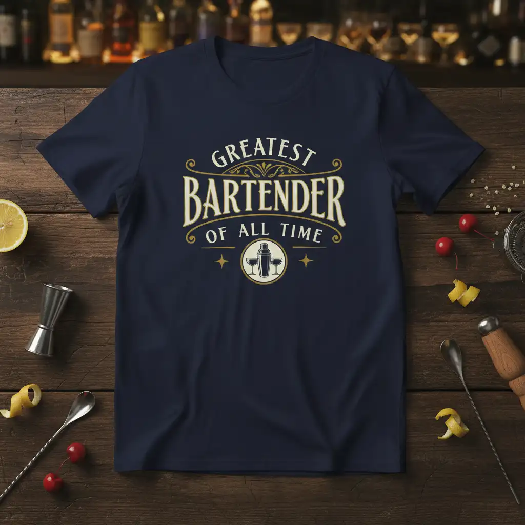 Greatest Bartender Of All Time quote t-shirt design with cocktail shaker and glasses