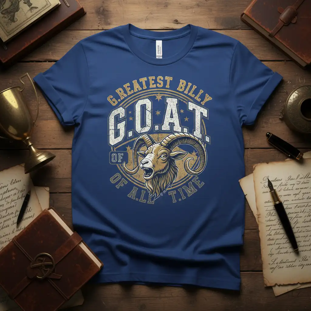 Greatest Billy GOAT of All Time quote with vintage distressed graphic of a billy goat head