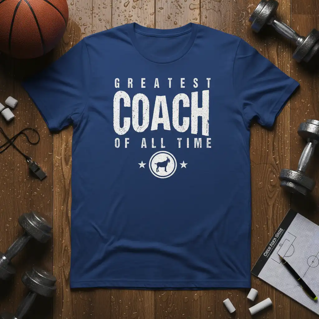 Greatest Coach Of All Time typography design with a goat emblem on a blue t-shirt