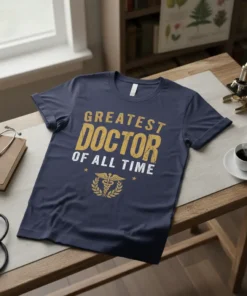 Greatest Doctor Of All Time text design with medical caduceus symbol on a navy t-shirt