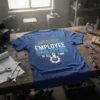 Greatest Employee Of All Time quote on a blue t-shirt with rocket and gear graphic