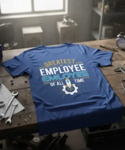 Greatest Employee Of All Time quote on a blue t-shirt with rocket and gear graphic