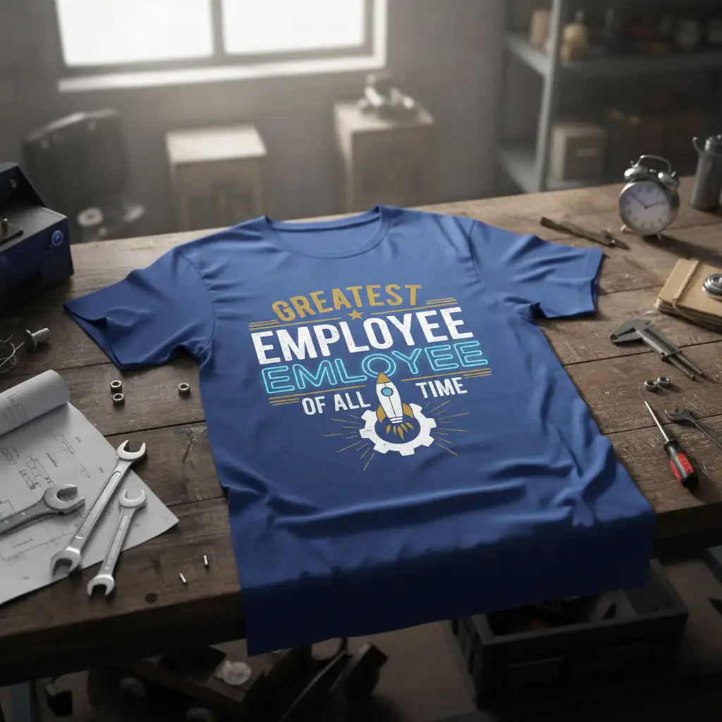 Greatest Employee Of All Time quote with rocket and gear graphic on a blue t-shirt