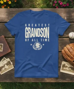 Blue t-shirt with "GREATEST GRANDSON OF ALL TIME" text and a dog graphic in a laurel wreath