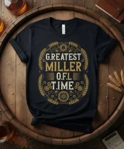 Greatest Miller O.F.L TIME text design with wheat and gear graphics on a black t-shirt