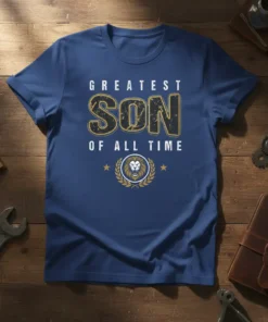 Greatest Son Of All Time text design with lion emblem on a blue t-shirt