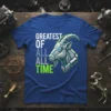Greatest Of All All Time text with robotic goat graphic on a blue t-shirt