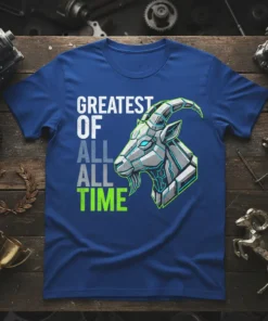 Greatest Of All All Time text with robotic goat graphic on a blue t-shirt