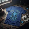 T-shirt with "Greatest Of All Time" text above a geometric blue and black goat head graphic