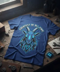T-shirt with "Greatest Of All Time" text above a geometric blue and black goat head graphic