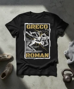 Greco Roman wrestling t-shirt design with two wrestlers in action and gold text