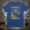 Greco Roman wrestling design with two figures in action, text "GRECO ROMAN" in gold